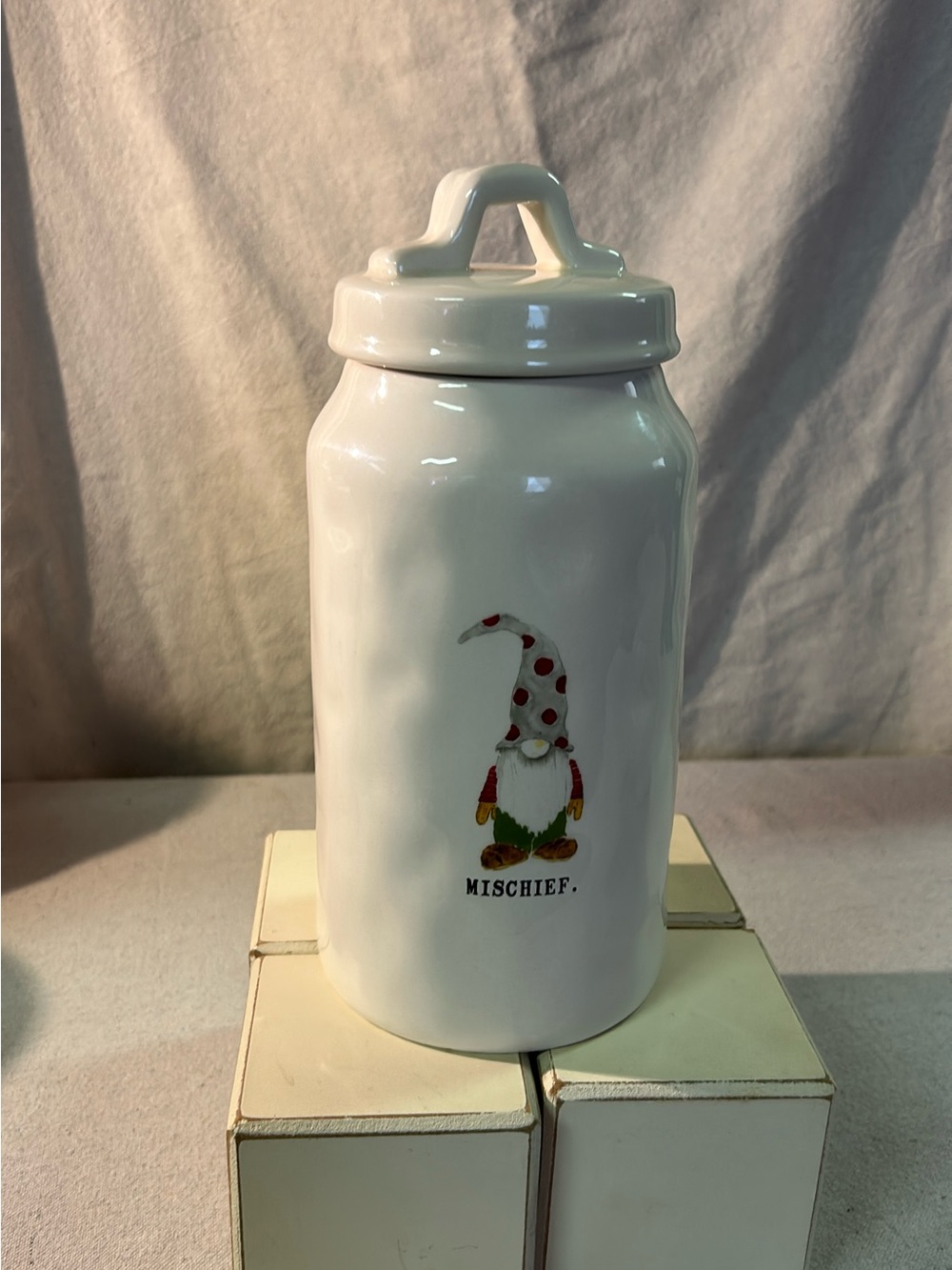 Rae Dunn White Ceramic Gnome Canister with Red Polka-Dot Hat